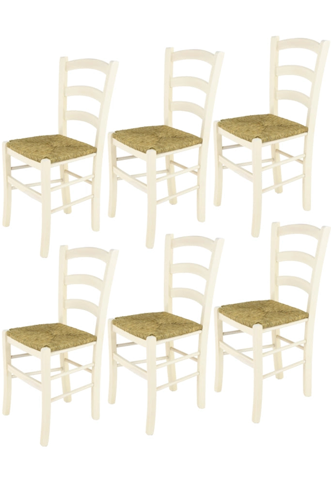 Set 6 Sedie Venice Tommychairs, robusta struttura in legno di faggio verniciata in anilina bianca e seduta in paglia