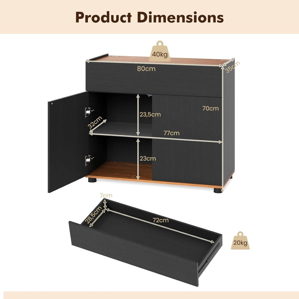 Credenza da cucina, mobile ausiliario con 1 grande cassetto e 2 ante, piano con bordo rialzato, apertura a pressione, 80 x 35 x 70 cm, armadio portaoggetti per ingresso, soggiorno