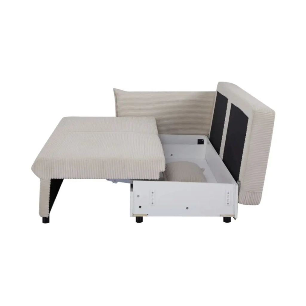 Divano dritto CALDERO beige convertibile con contenitore – Divano letto in velluto a coste con spazio di stoccaggio integrato