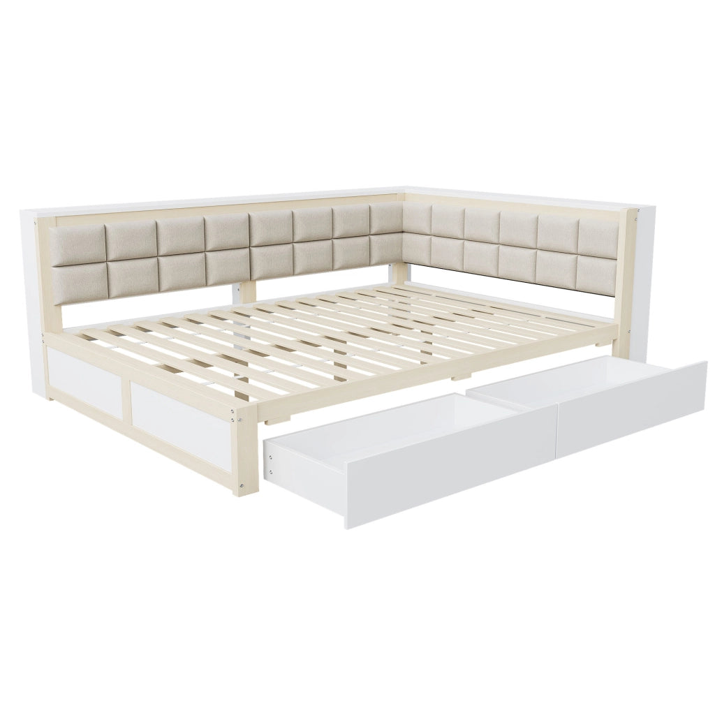 Letto a Divanetto 140 x 200 cm; Letto Singolo; 2 Cassetti e Schienale Morbido in Legno