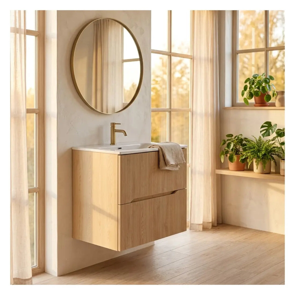 Set da bagno NATURA 60cm: mobile sottolavabo in legno chiaro con scanalature verticali + lavabo incassato