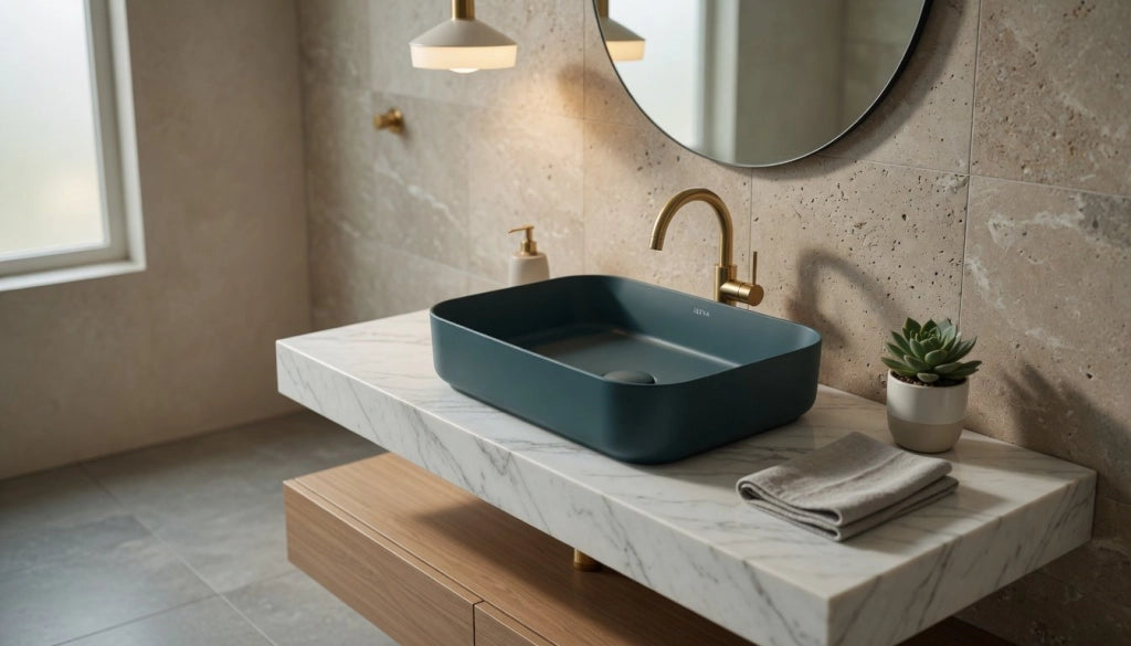 Lavabo rettangolare da appoggio senza troppo pieno in ceramica senza foro rubinetto - Verde Petrolio Opaco