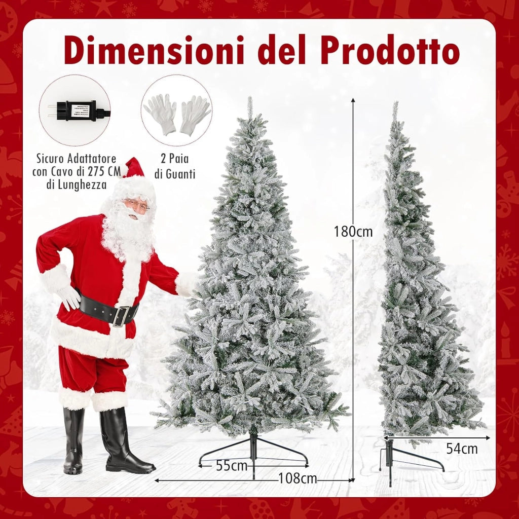 Albero di Natale Artificiale Innevato Metà 180 cm Pre-illuminato | Albero di Natale con 180 Luci LED Bianche Calde e Multicolori, 9 Modalità, 652 Punte di Rami in PE & PVC e Telecomando