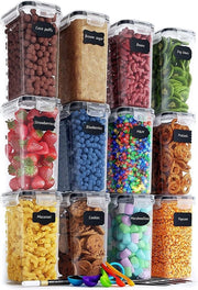 Contenitori di conservazione alimentare (Pacco da 12|2L) - Contenitori alimentari per Organizzazione Cucina e Cucina - Canistrelli in plastica con coperchi sostenibili per pasta, cereali, riso - Etichette Bonuso, pennarelli e cucchiaio