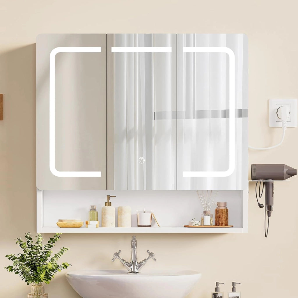 Specchio Bagno Contenitore con Luce LED e Presa Elettrica, Mobile Bagno a Specchio con 3 Ante e Gancio Asciugacapelli, 3 Temperature di Luce Dimmerabili a Touch, Ripiani Regolabili, Bianco