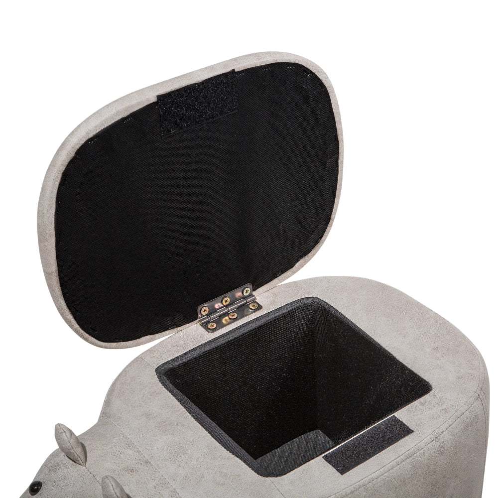 Sgabello per bambini Animale Hippo con contenitore Poggiapiedi per scuola materna in ecopelle grigio chiaro con gambe in legno