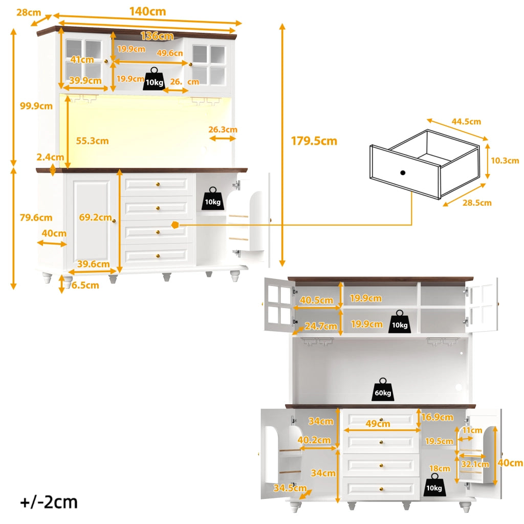 Credenza alta con LED RGB, ripiani regolabili e 4 cassetti, per cucina e soggiorno, in MDF, bianco, 140 × 40 × 179,5 cm