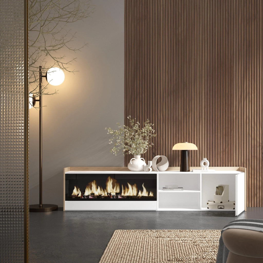 Mobile TV Soggiorno, 212x50x35 cm, Per TV fino a 80", Camino elettrico XXL, Bianco e Rovere soft