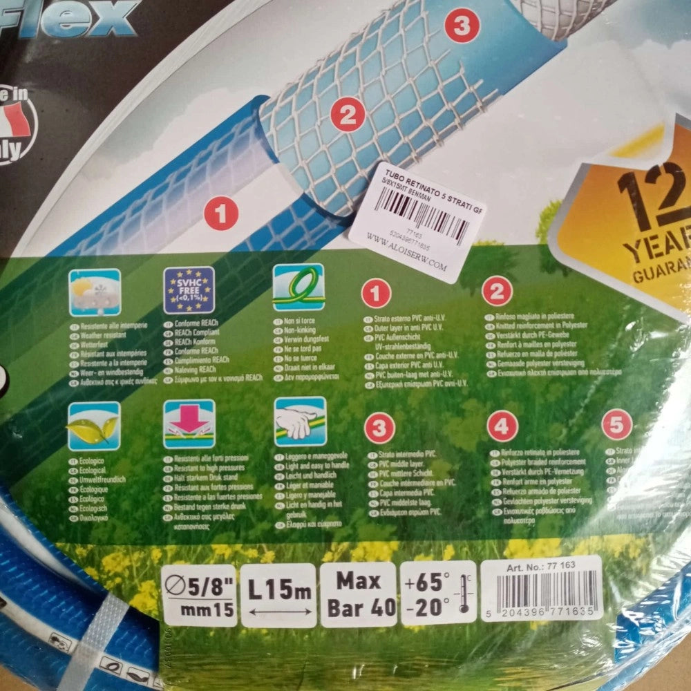 Benman tubo retinato 5/8 - 15mm da 15mt a 5 strati per giardino resiste a 40 bar