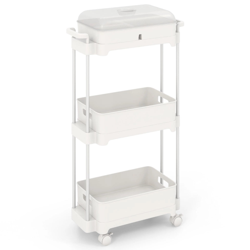 Carrello utilitario a 3 livelli con ruote bloccabili, Carrello di stoccaggio con coperchio e scaffali rimovibili Bianco-Carrelli