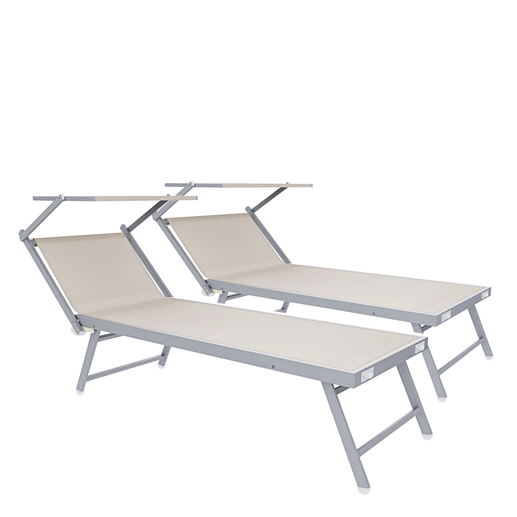 Coppia Di Lettini Beige Prendisole Pieghevole Professionale In Alluminio Tettuccio Orientabile Tettino Parasole Sdraio Lettino Prendi Sole Mare Spiaggia Piscina Giardino 182 x 60 x 38 cm
