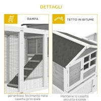 Conigliera in Legno da Esterno con 2 Casette e Area Aperta Recintata con Porte e Rampe, 259x64x92 cm, Grigia