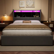 Letto matrimoniale contenitore imbottito grigio scuro 140x190 cm con LED e ricarica USB