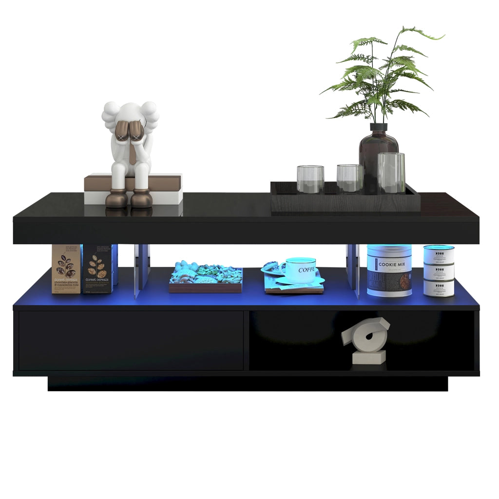 Tavolino da caff¨¨ nero lucido 95x50x42,5 cm con 4 inserti in vetro, 2 cassetti e 2 vani a giorno