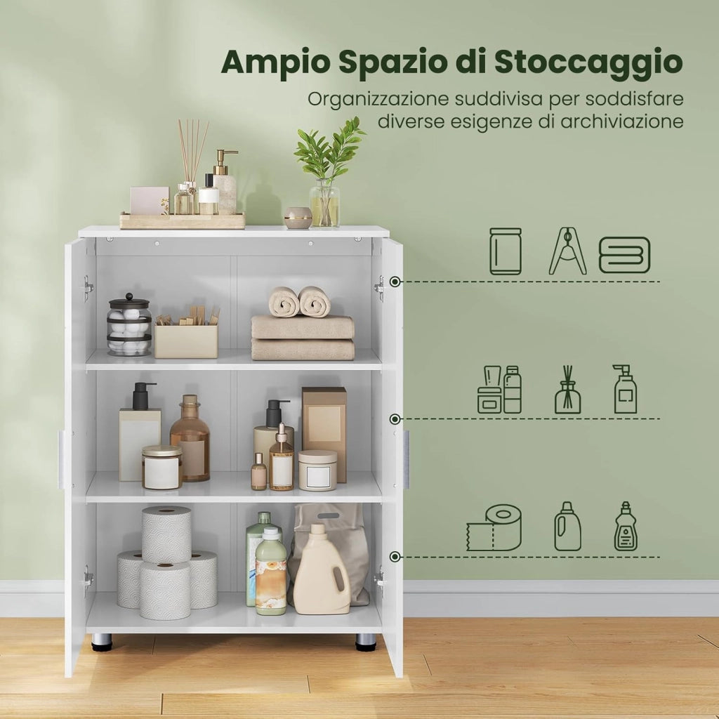 Armadietto da Bagno con Ripiani Regolabili, Mobiletto Multiuso con 3 Scomparti, Maniglie e Ante, Organizzatore per Cucina, Ingresso, Soggiorno, in MDF e Metallo, Bianco