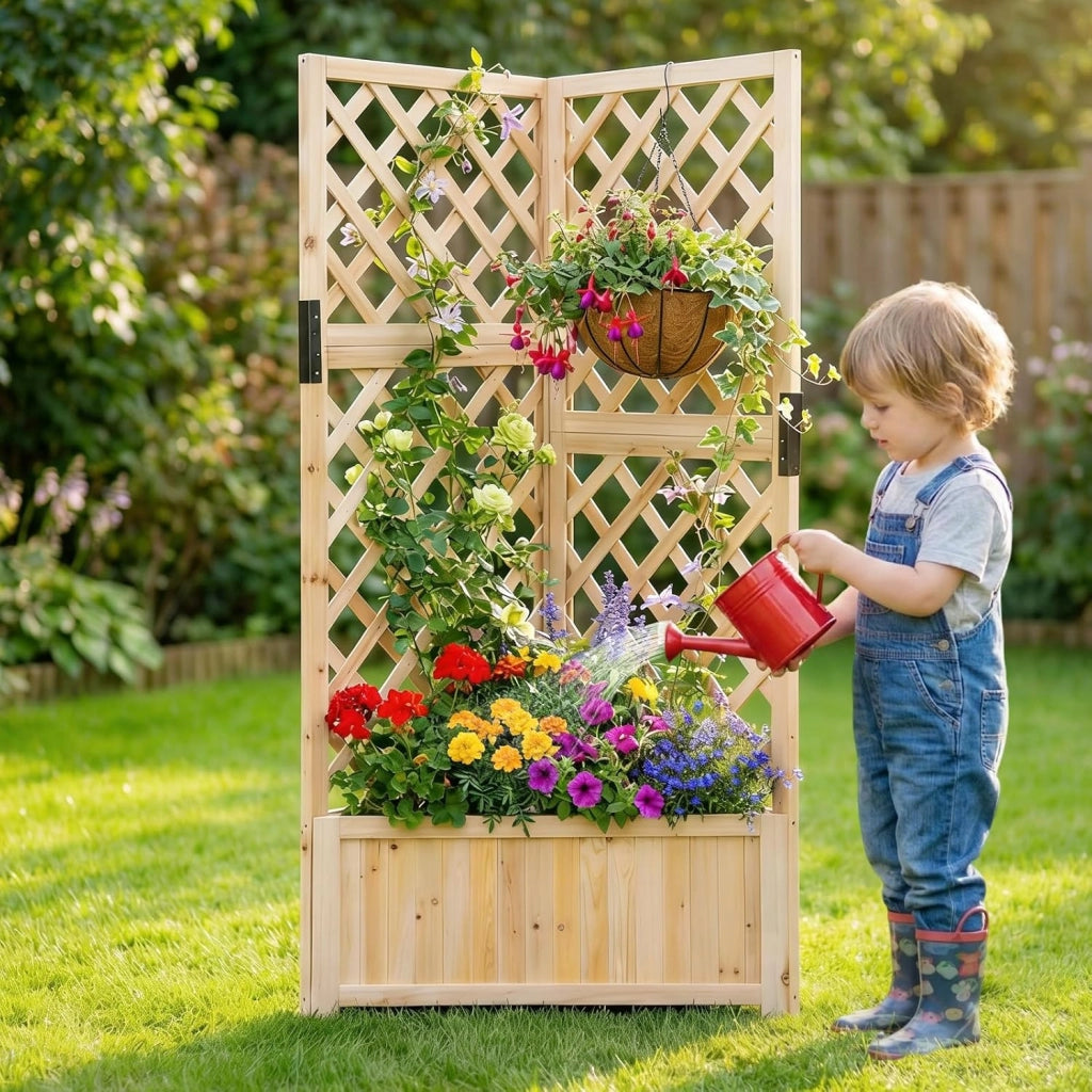 Letto da Giardino Rialzato ad Angolo con Traliccio e Fori di Drenaggio, Fioriera in Legno Elevata per Piante Rampicanti, Fiori e Verdure, Ideale per Interno ed Esterno (Naturale)