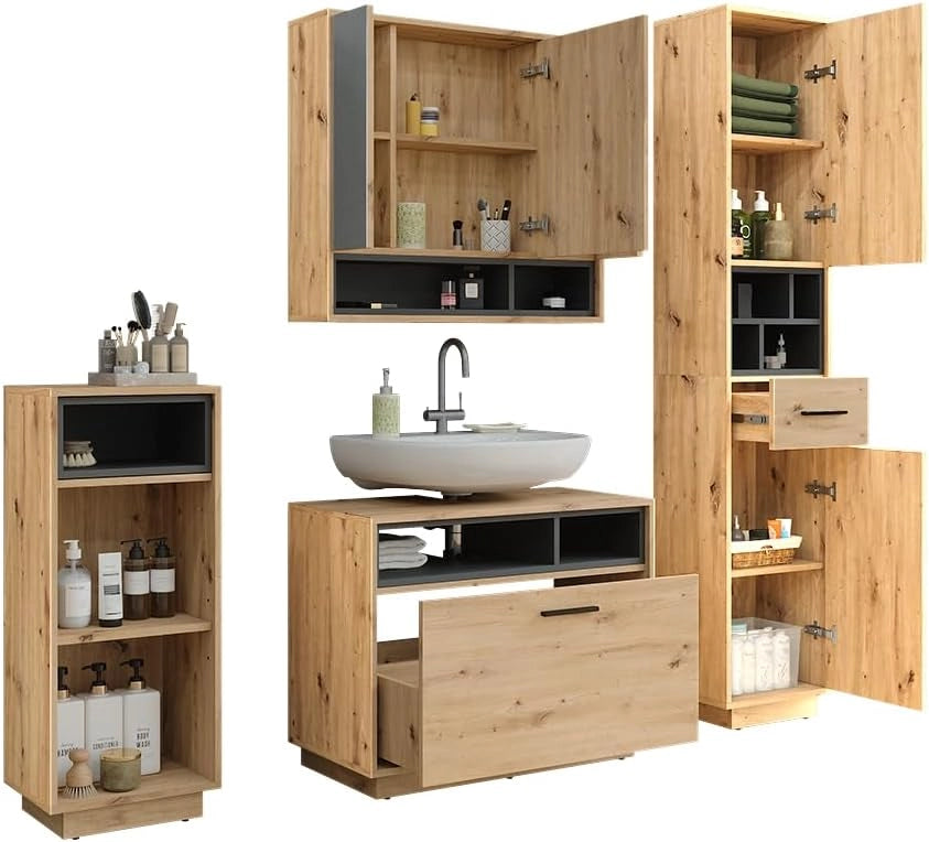 Set di mobili da bagno Beatrice, Rovere artigianale/antracite, 80 cm, composto da mobile lavabo, pensile a specchio, colonna e base media