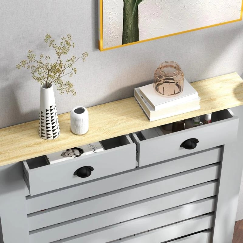 COPRITERMOSIFONE IN MDF A DOGHE, COPRICALORIFERO A GRIGLIA CON 2 CASSETTI, 111X19X95.5 CM, GRIGIO