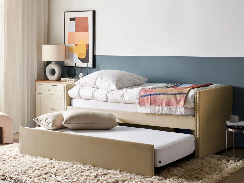 Letto estraibile 90 x 200 cm Velluto beige Singolo doghe in legno Daybed Glamour Borchie decorative