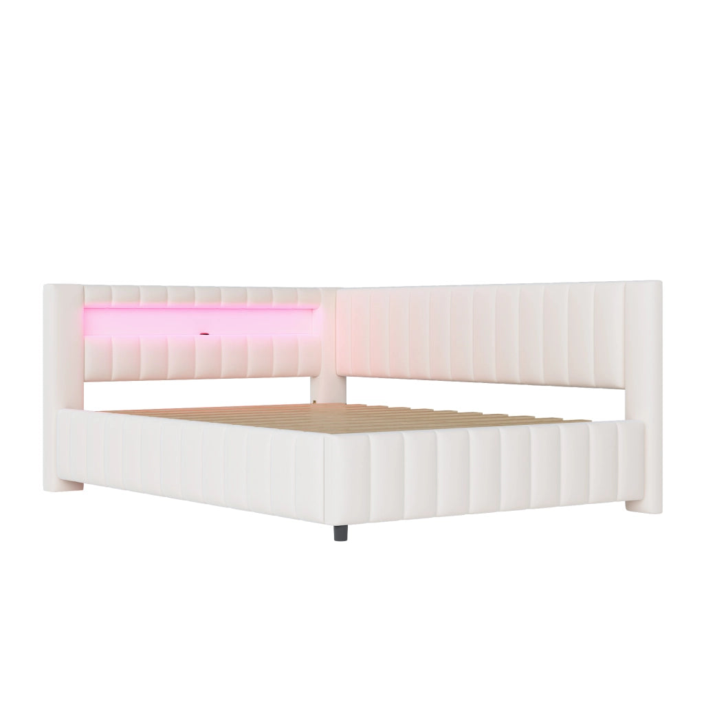 DESMIU Letto divano 140 × 200 cm 2 posti con LED, USB, schienale e testiera, senza materasso, beige