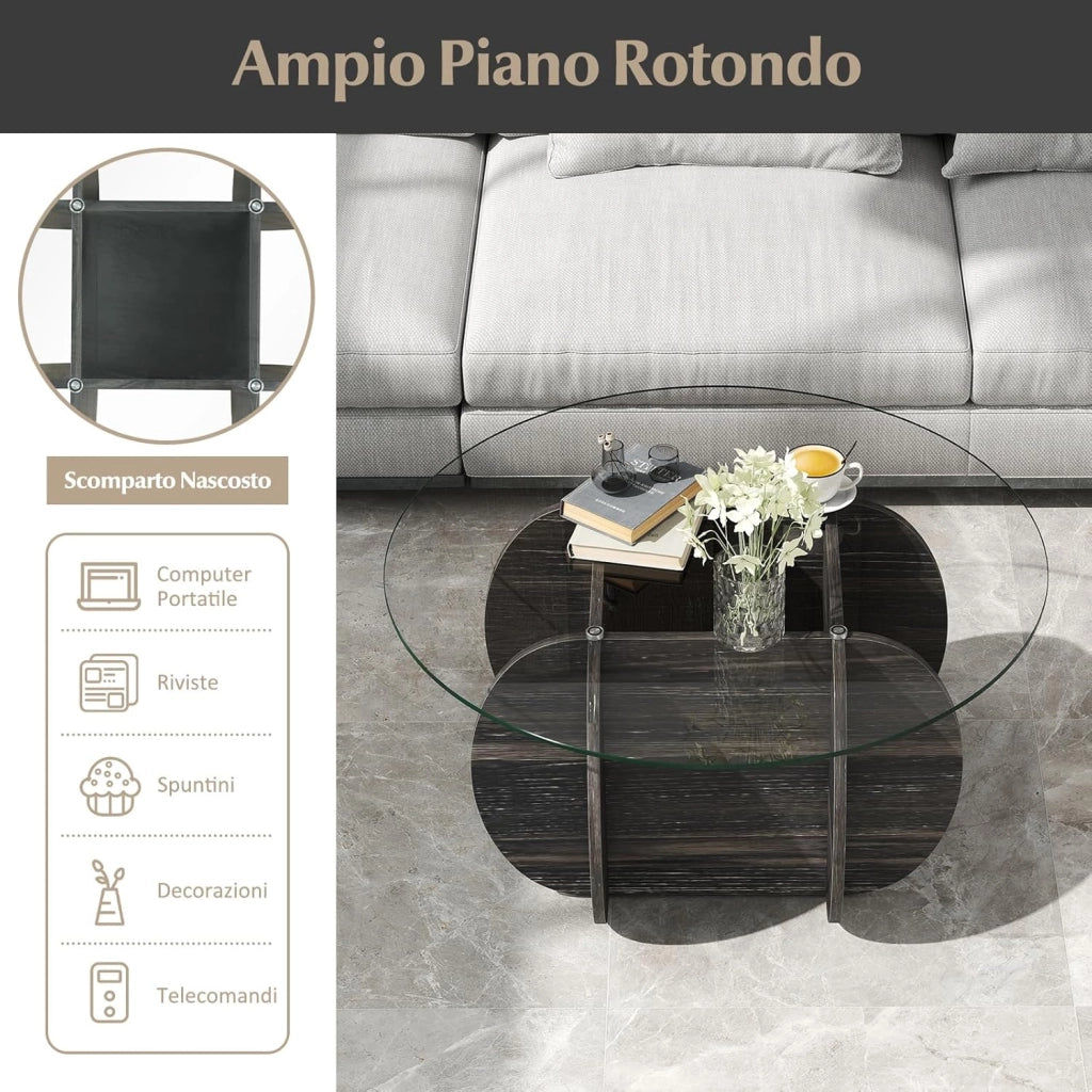 Tavolino da Salotto Rotondo con Piano in Vetro Temperato e Base in Legno Massello, Tavolino da Caffè Moderno con Scomparto Portaoggetti per Soggiorno, Studio e Ufficio, 89 x 89 x 46 cm