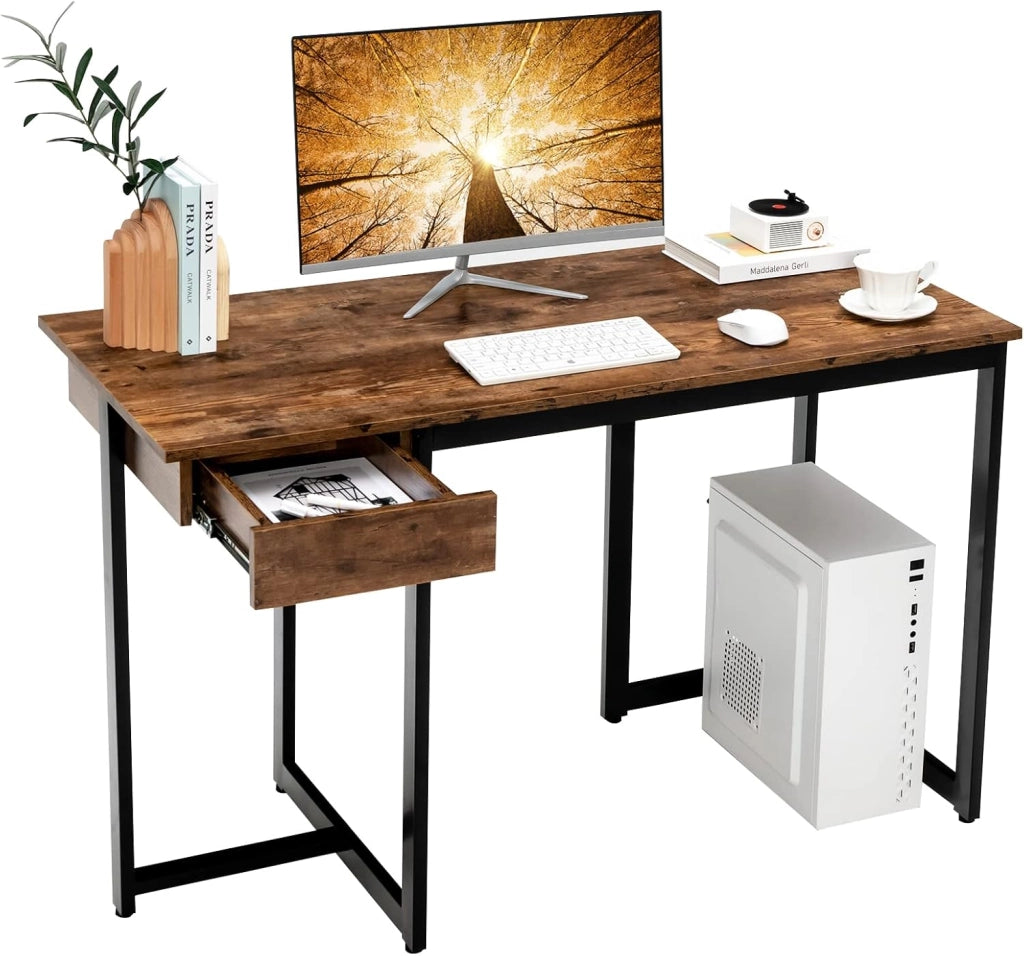Scrivania per Computer con Cassetto, Scrivania per Ufficio con Struttura in Metallo, Ampio Piano 120 x 55 cm e Piedini Regolabili, 120 x 55 x 75 cm (Marrone Rustico)