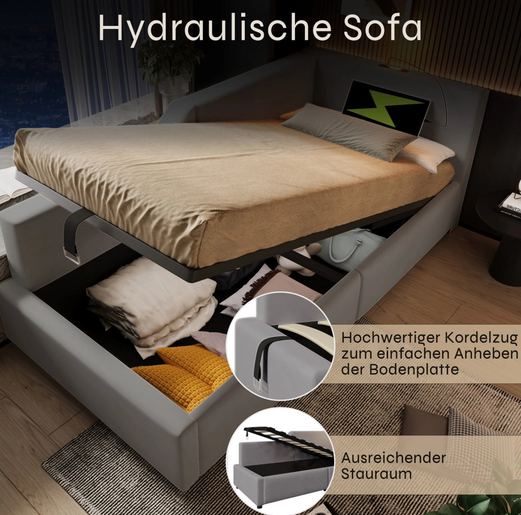 Letto a giorno imbottito 90x200 cm in velluto grigio con contenitore; lampada da lettura e USB-C