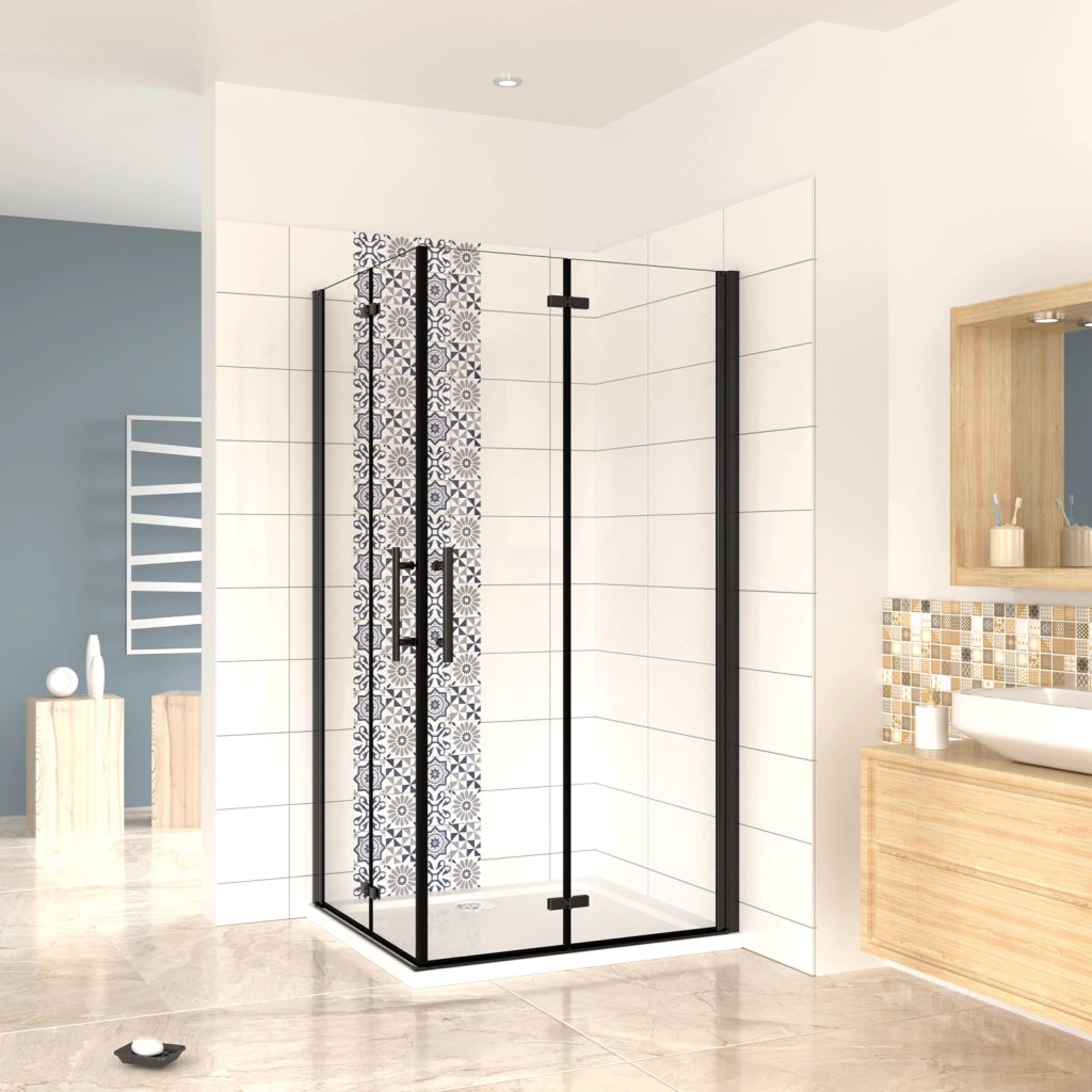 190 cm Box Doccia Angolare Doppia Porta Battente Pieghevole 70x70 cm in Vetro Temperato Trasparente 5 mm Anticalcare Telaio Nero Opaco