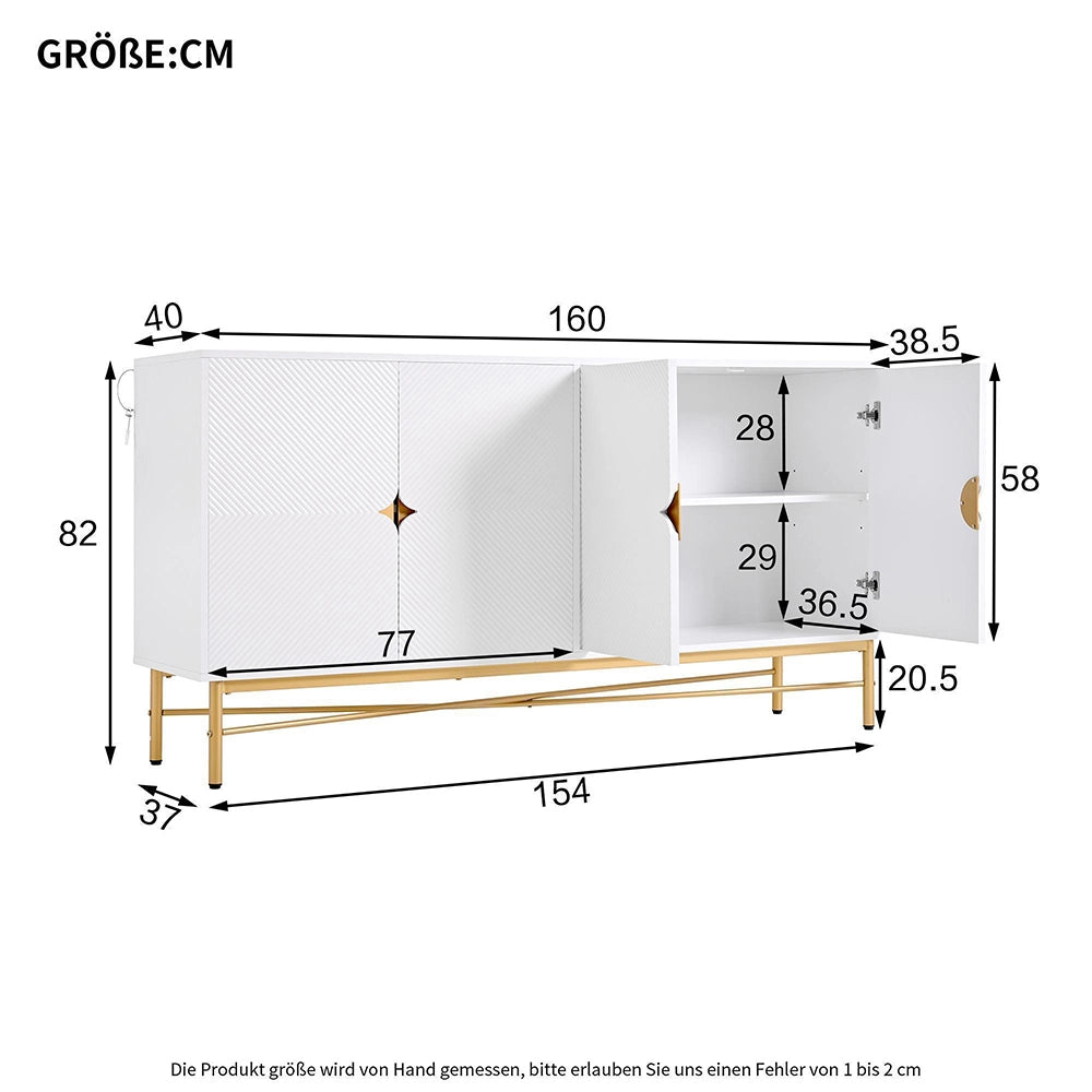 Credenza 160cm Texturizzata - Xylo - 4 Ante con Maniglie Oro, Colore Bianco