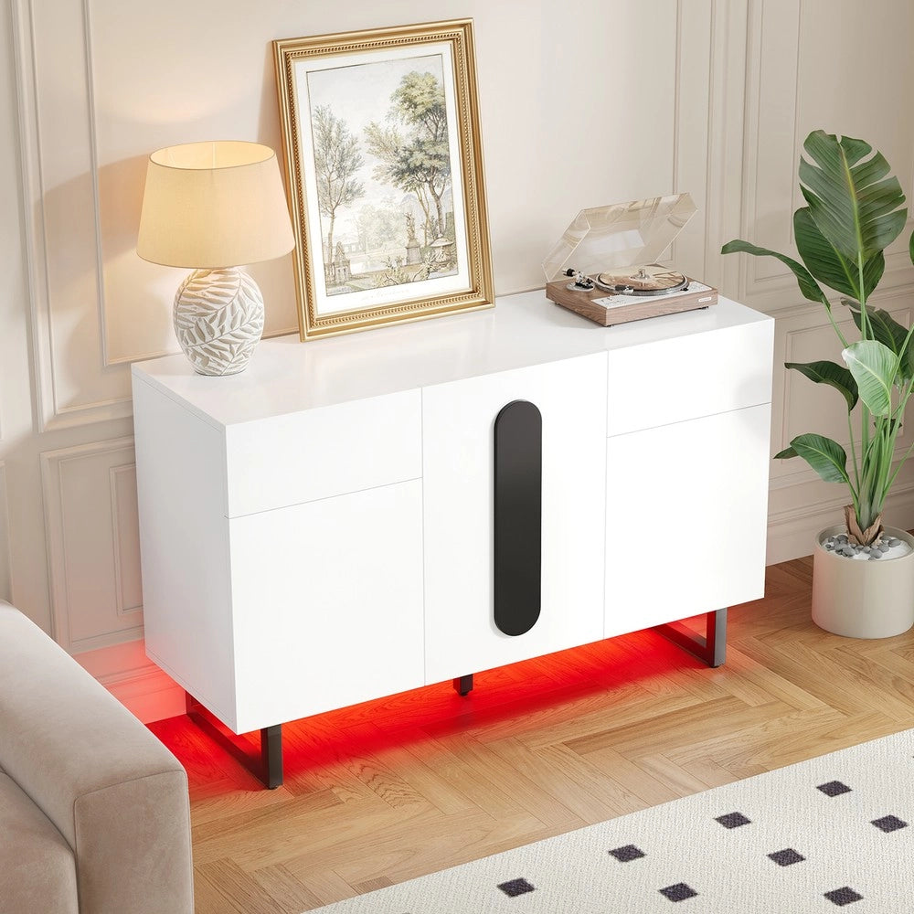 Credenza 120 cm con Cassetti e Ante ¨C MINIMAL ¨C Bianco con Maniglie Nere e Gambe in Metallo