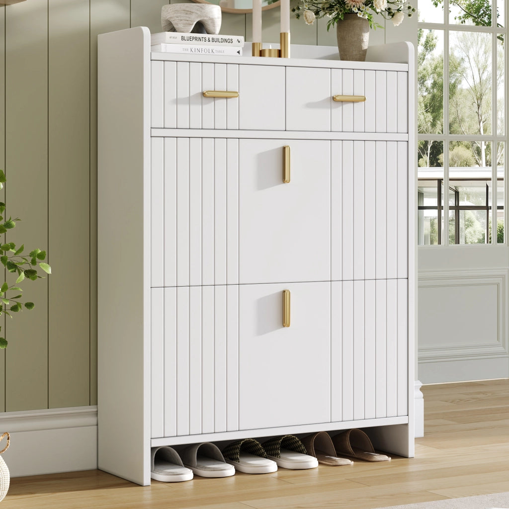 Scarpiera stretta con 2 vani a ribalta e 1 cassetto, mobile portascarpe moderno salvaspazio per ingresso, bianco, 75 ¡Á 24 ¡Á 108,5 cm