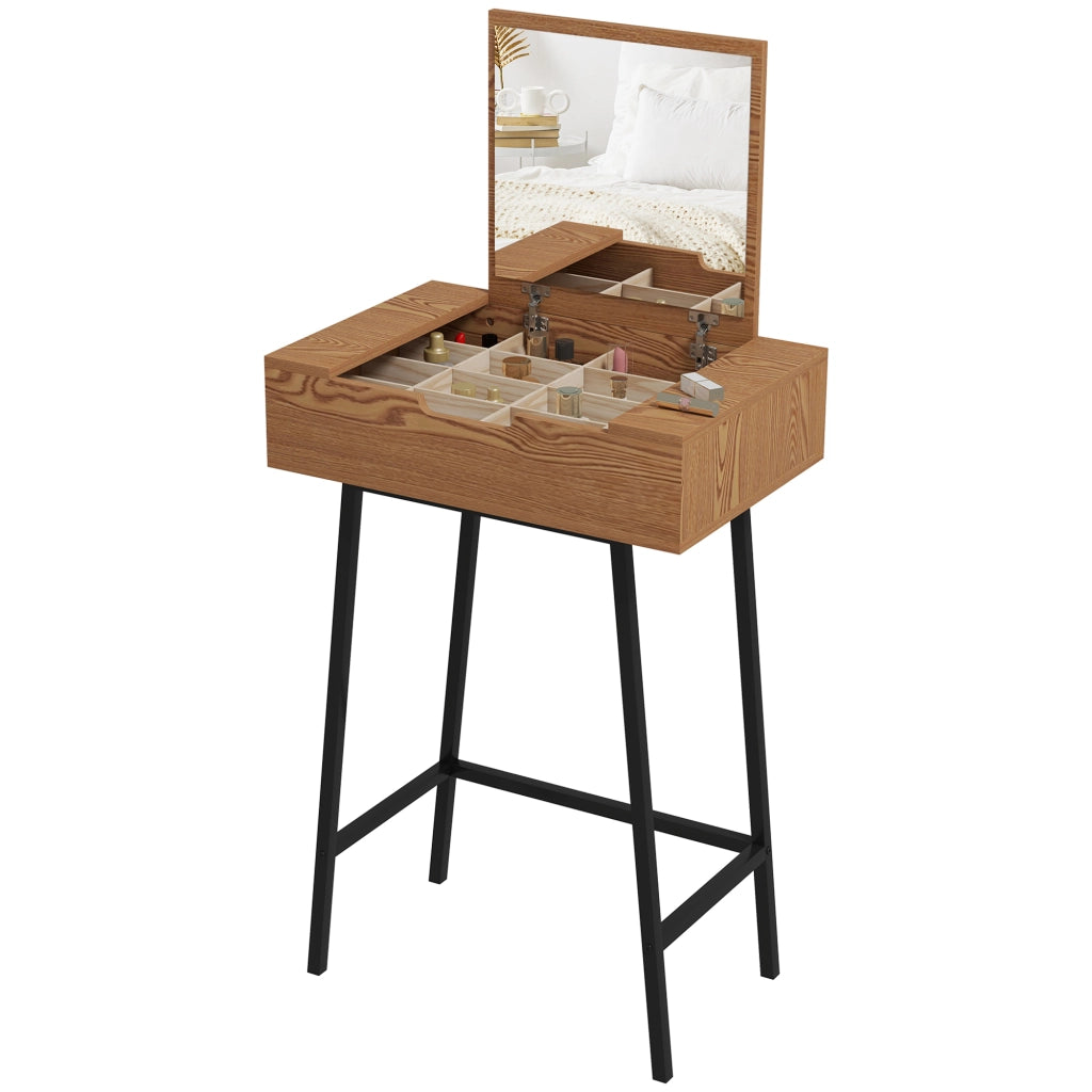 Tavolo Trucco Industriale con Specchio Ribaltabile e 16 Scomparti ¨C zephmum ¨C Legno e Acciaio, 60x40x90 cm
