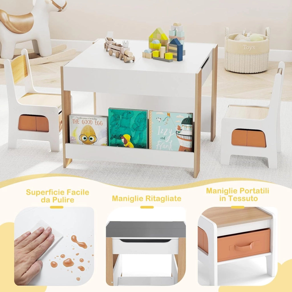 Set Tavolino Bambini con 2 Sedie per Bambini, Tavolo e Sedie 4 in 1 con Piano Doppa Faccia, Librerie Laterali e Scatola in Tessuto, Mobile Salvaspazio per Asilo e Cameretta (Naturale, Stile 2)