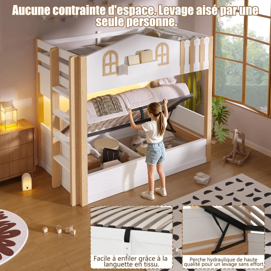 Letto a castello a casetta 90x200 cm con contenitore idraulico; LED; ripiano e scala reversibile; bianco e legno