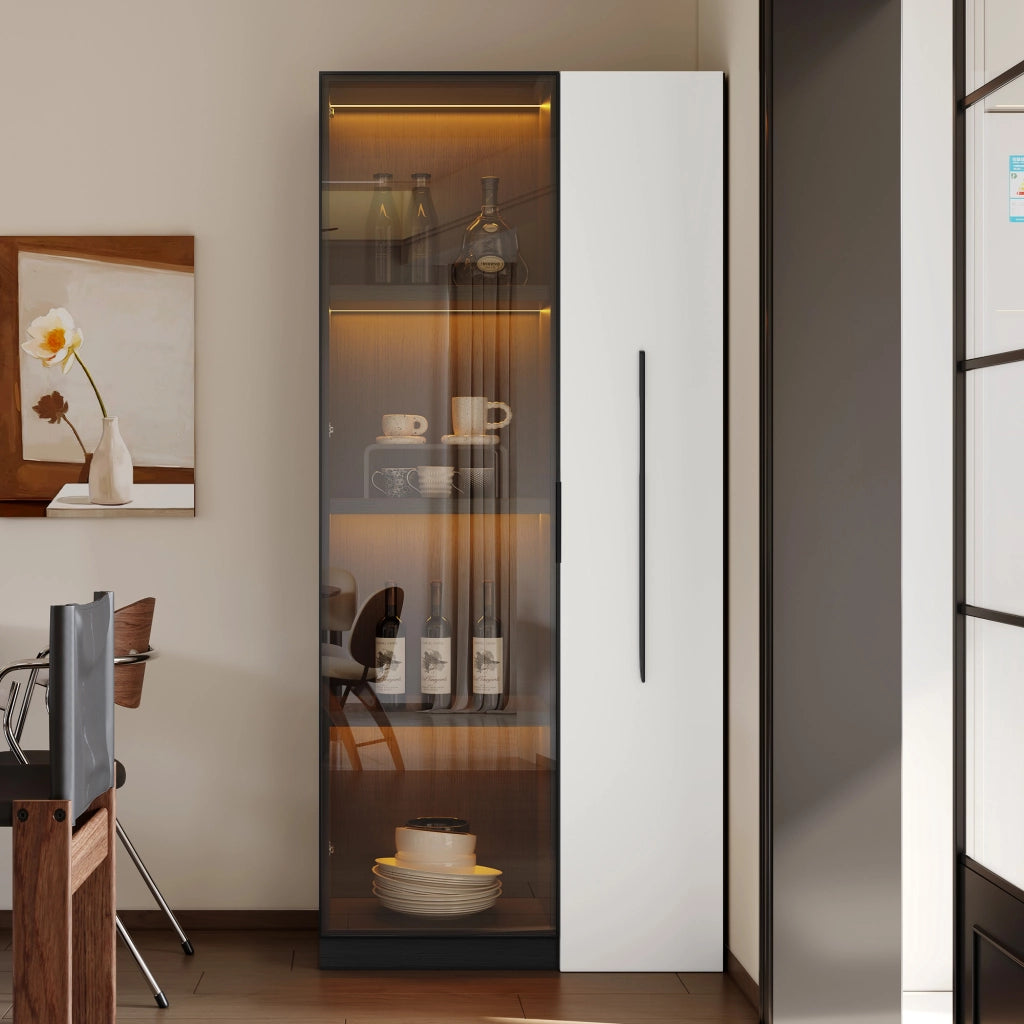Vetrina con 1 Porta in Vetro Temperato; 1 Cassetto Laterale; LED; Cerniere Silenziose; in MDF; 70??40??160 cm; Nero Bianco