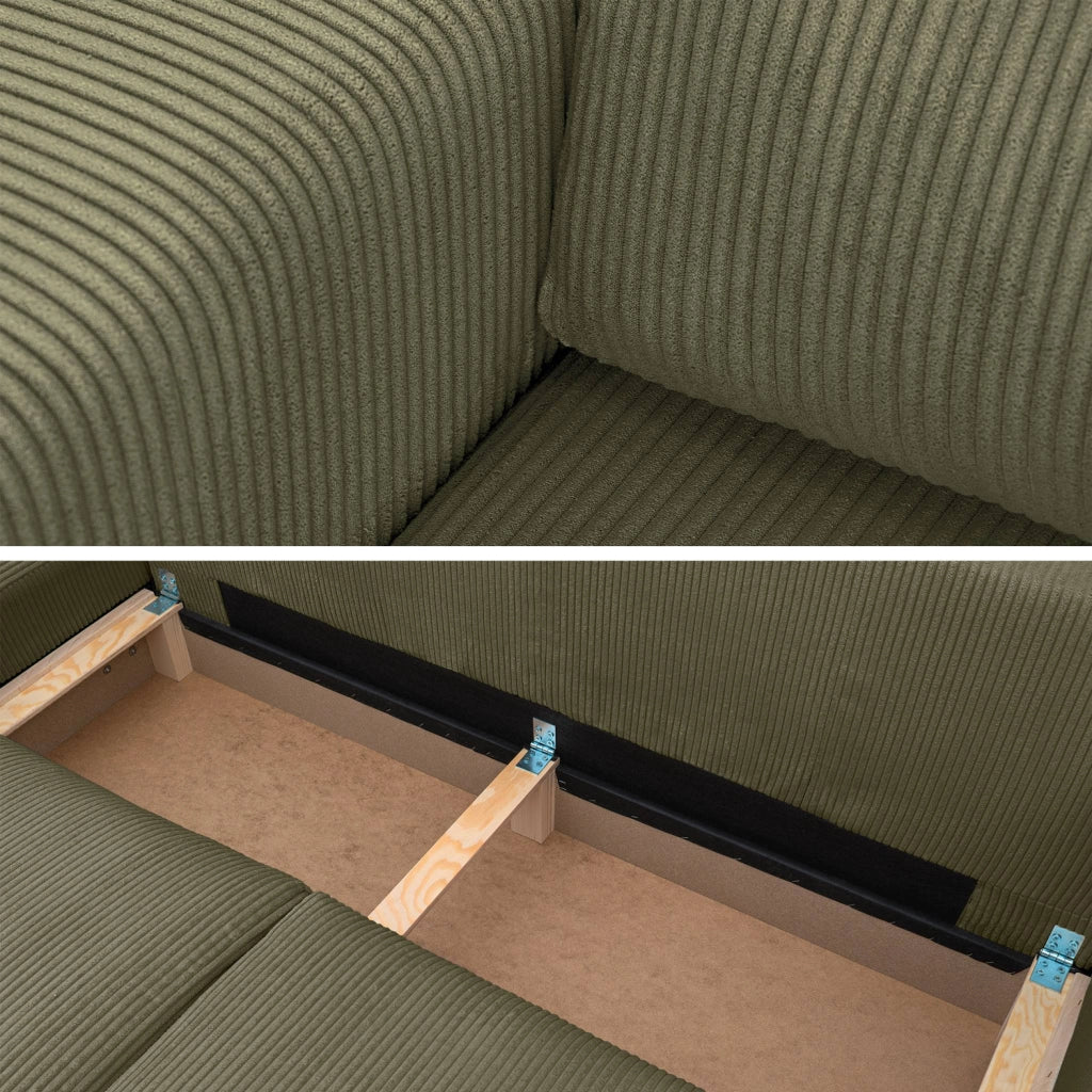 Divano letto angolare reversibile con contenitore in velluto a coste,