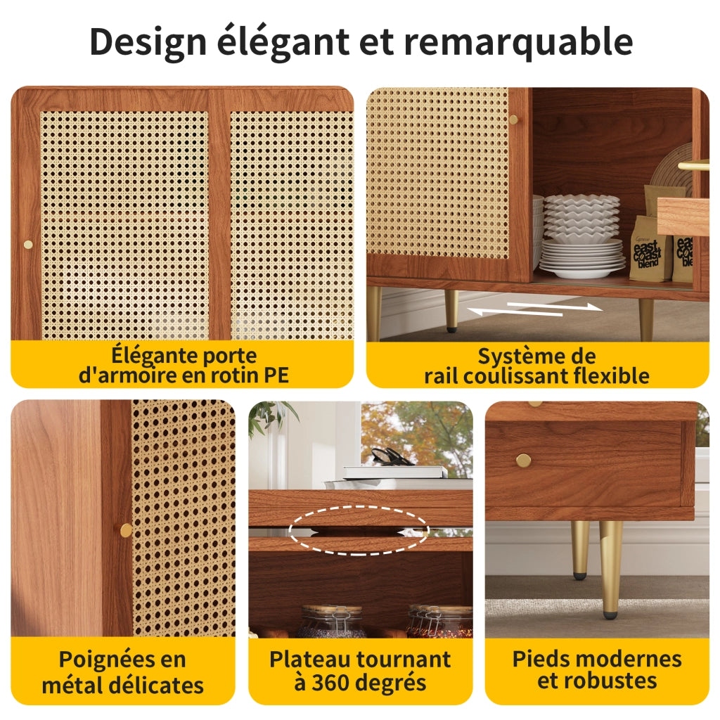OKWISH Carrello da Cucina Girevole con Contenitore, Anta in Rattan, Cassetto e Ripiani Aperti, Estensibile, MDF, Marrone