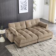 Divano modulare 2 posti in tessuto a coste con portabicchieri, tasche laterali e porte USB, khaki 224 × 140 × 81 cm