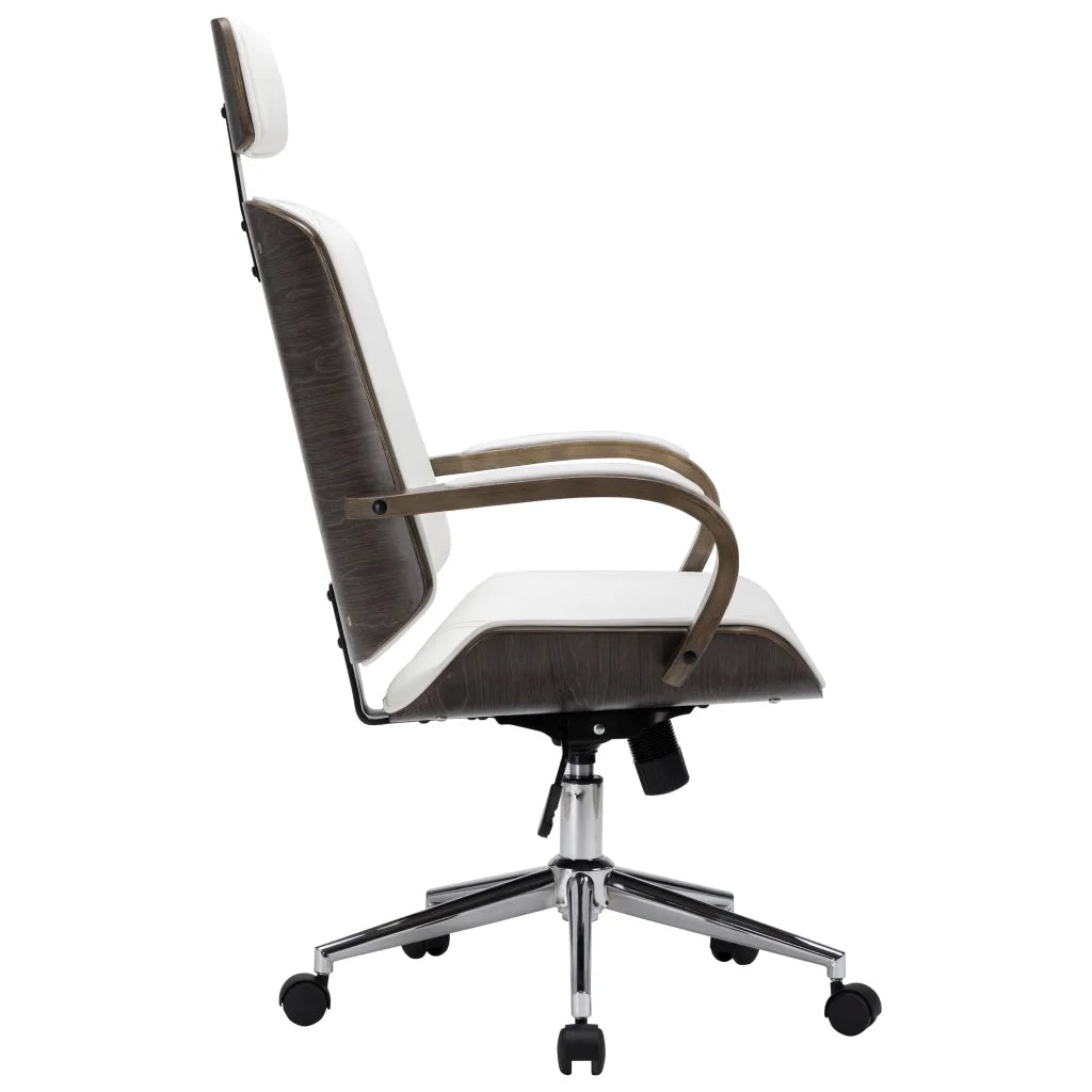 Sedia Girevole con Poggiatesta Bianca Similpelle Legno Curvato 283135