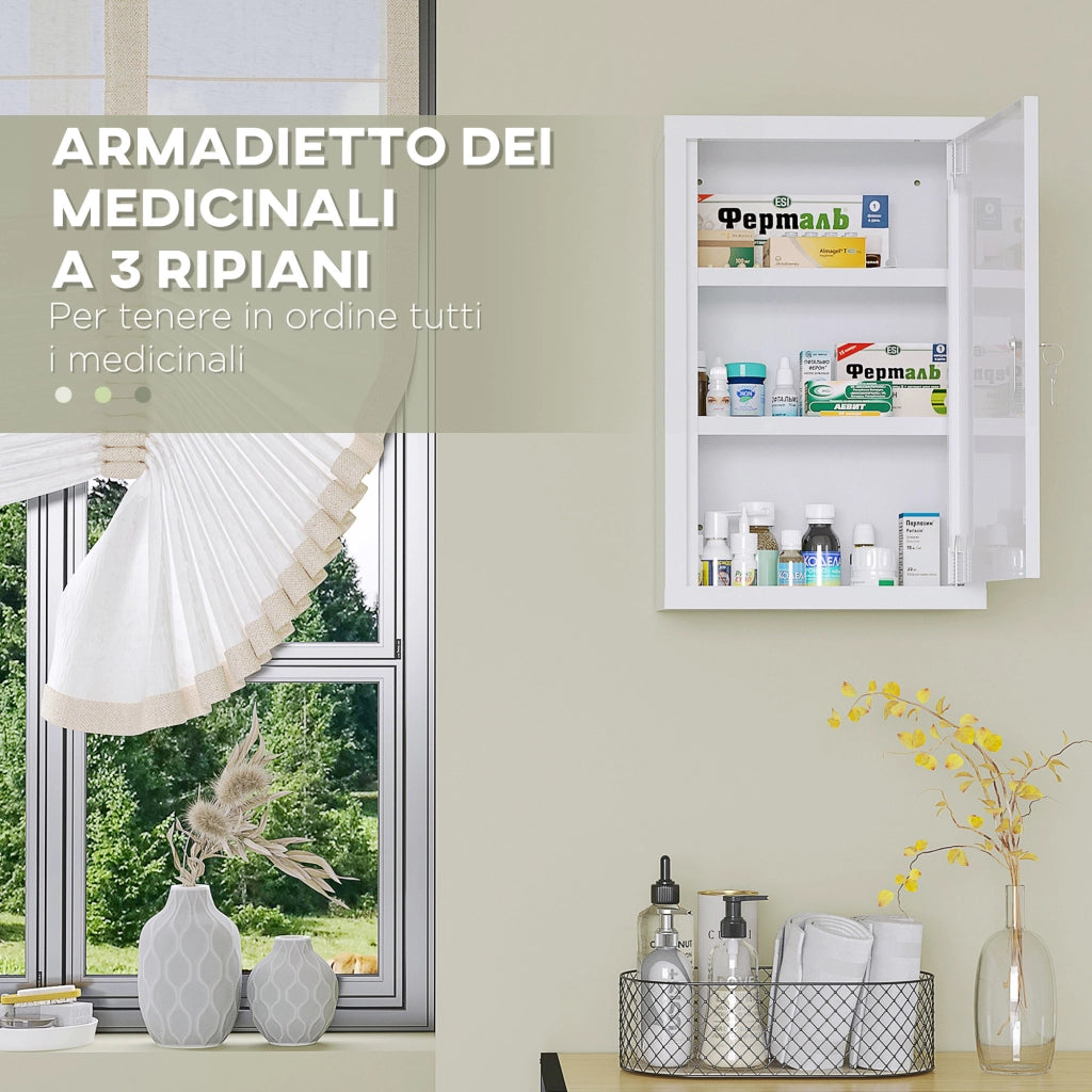 Armadietto Medicinali a 3 Ripiani con Serratura e 2 Chiavi, in Acciaio, 30x14x46 cm, Bianco