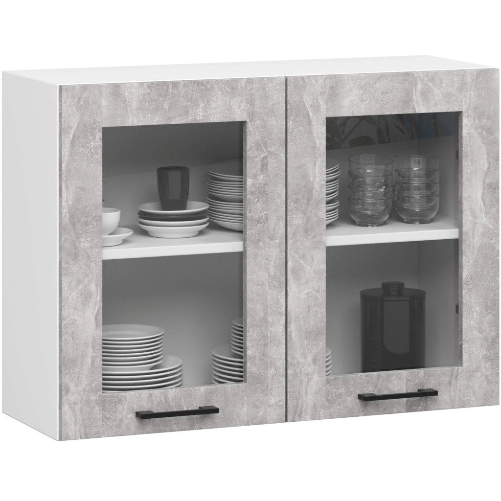 Set da cucina con vetrina AKORD OLIWIA 3,0 m Bianco 300 cm 11 ante 1 cassetto frontale Cemento 300×46×203 cm