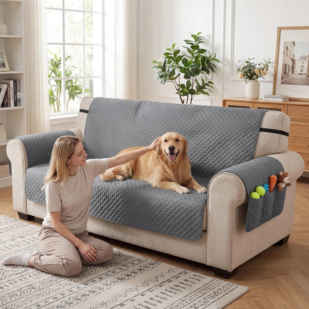 Copridivano 3 Posti Impermeabile Antiscivolo con Tasche ¨C zephmum ¨C Grigio