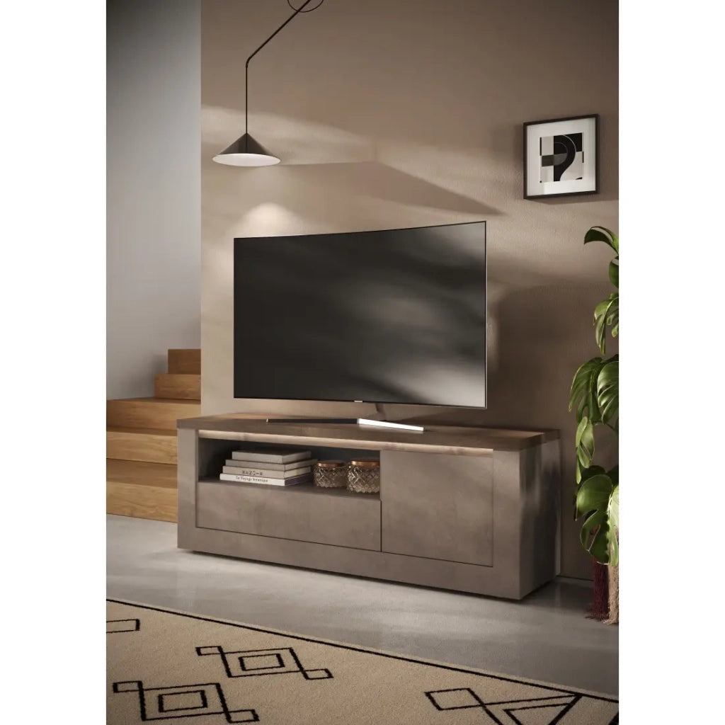 Mobile TV SASHA – 1 porta, 1 cassetto e 1 vano con LED – Bronzo e piano in legno Mercurio