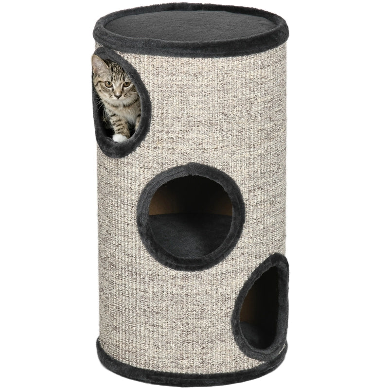 Tiragraffi a torre per gatti a 3 livelli con rivestimento in sisal e peluche, Ø38x70 cm, grigio chiaro