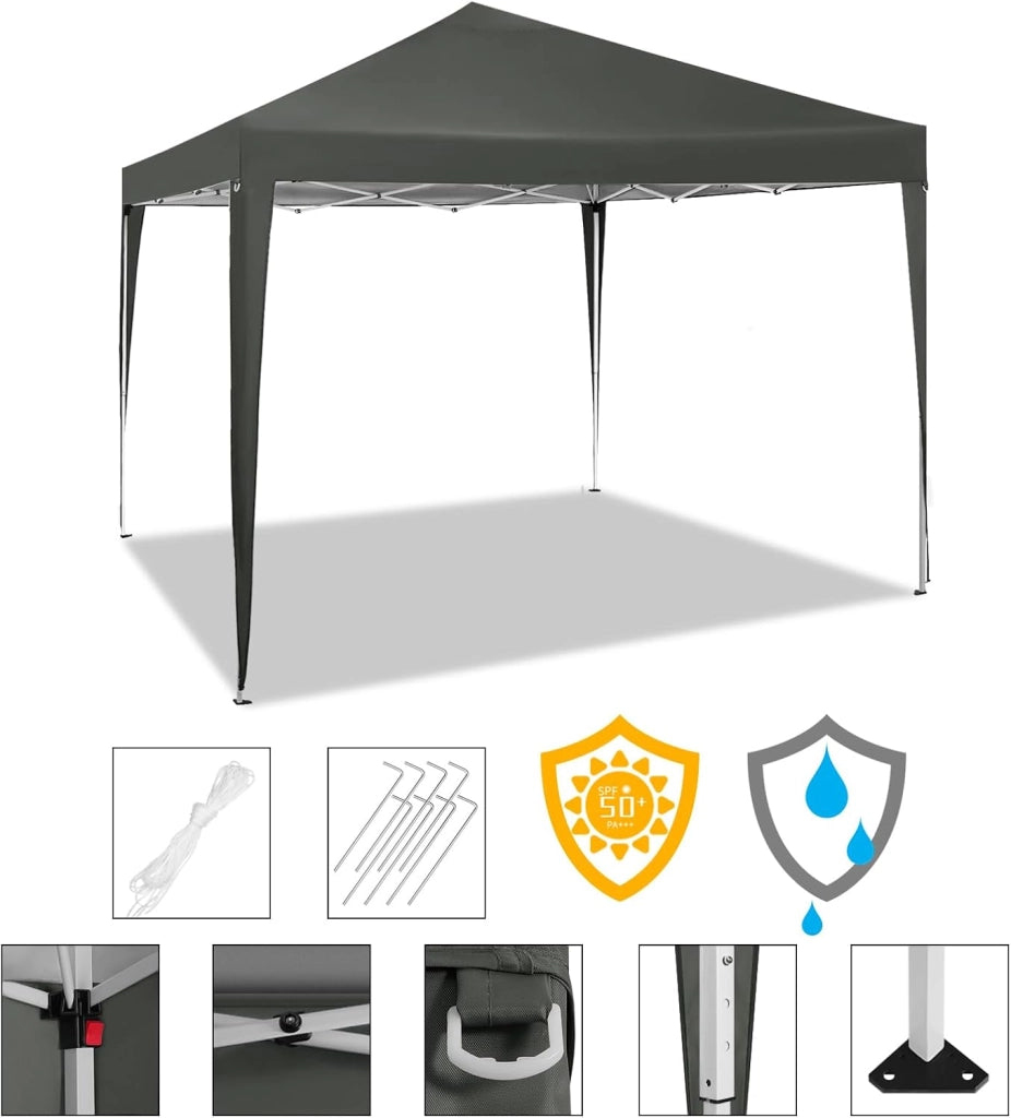 Gazebo da Giardino Richiudibile 3x3m Gazebo da Esterno in Ferro Regolabile in Altezza Tendone Pieghevole, Protezione Solare, Facile da Montare Grigio