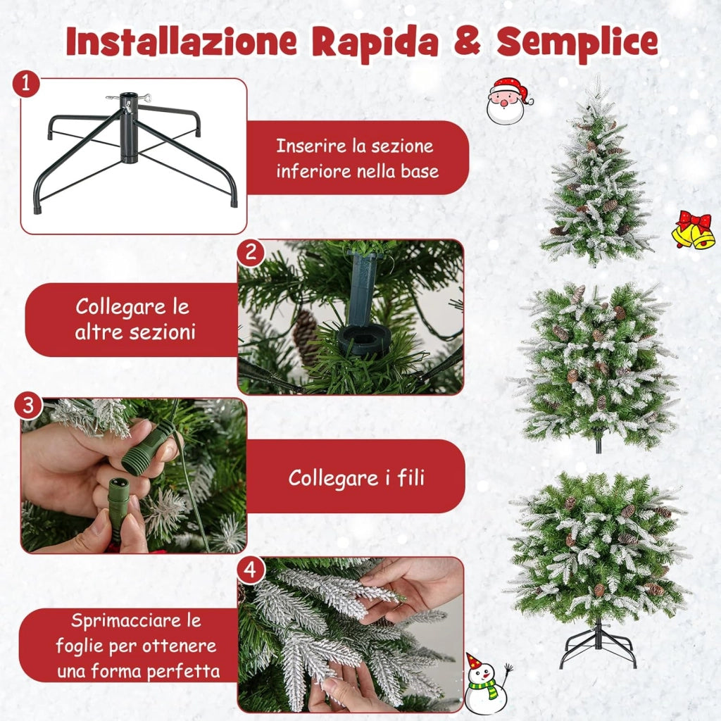 Albero di Natale Slim Pre-Luminoso 190/225 CM, Albero di Natale Artificiale Innevato con 280/350 Luci LED Bianche Calde, Rami Articolati e 671/913 Punte e 60/75 Pigne (190 CM)