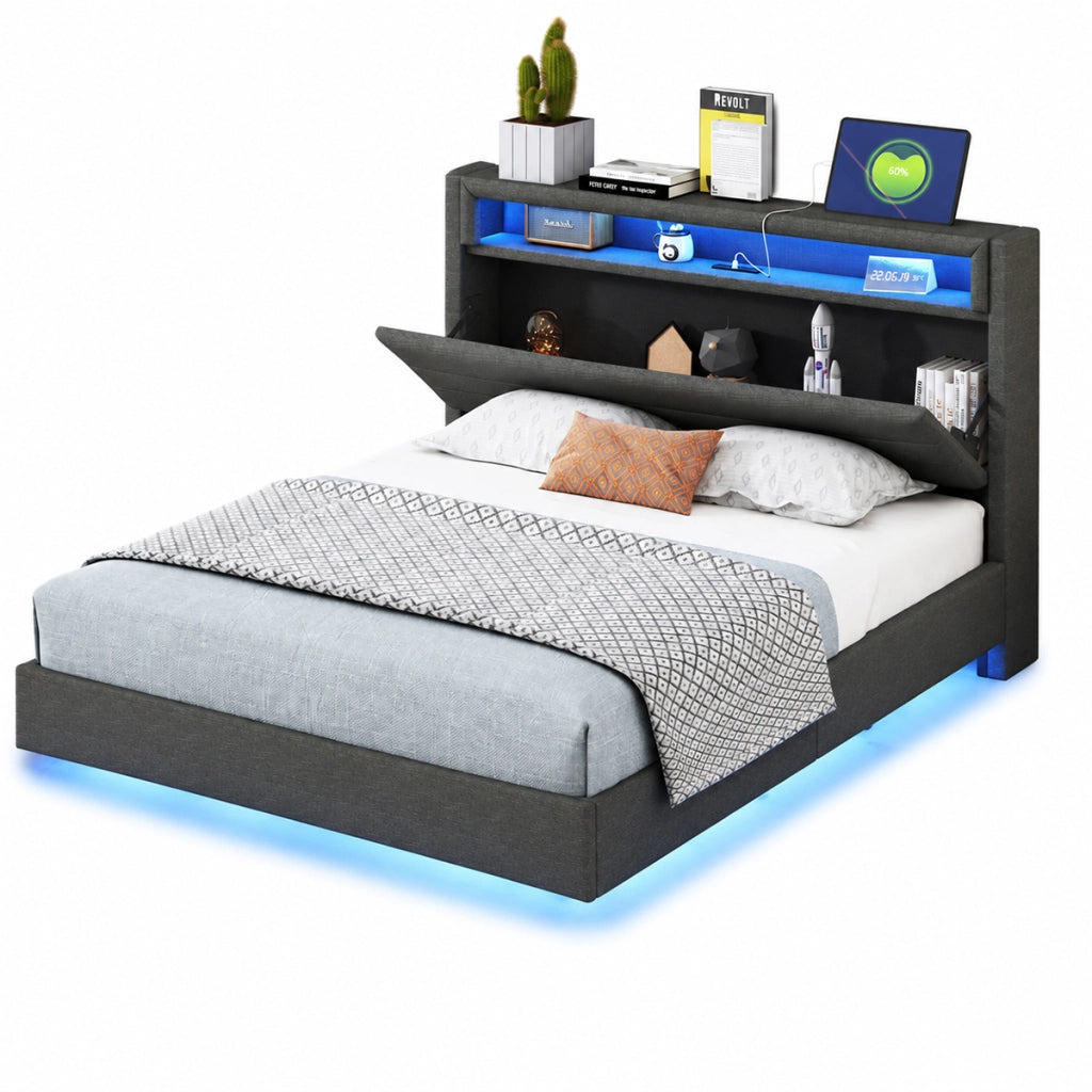 Letto matrimoniale imbottito 140x200 cm; USB e LED; testiera reversibile; tessuto grigio (Senza materasso)