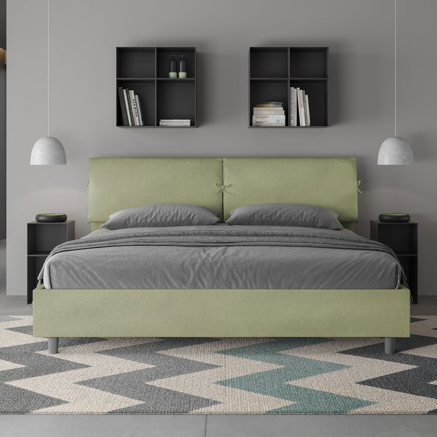 Letto Matrimoniale King Size 200x210 cm Senza Rete Testata con Cuscini Imbottito in Microfibra Mados Tè Verde