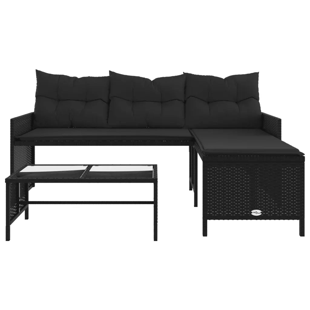 Divano da Giardino con Tavolo e Cuscini a L-Sofa da Giardino-Divano da esterno Nero in Polyrattan 180919