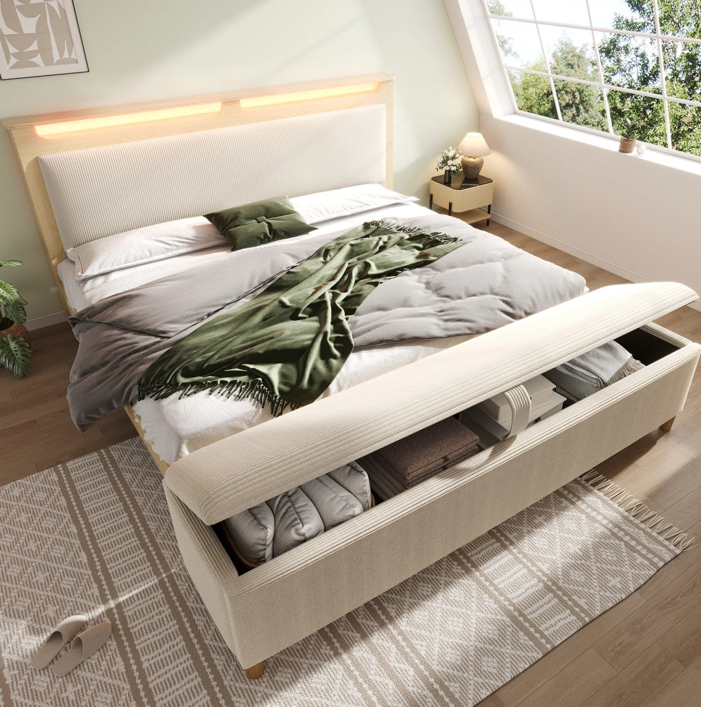 Letto matrimoniale 140x200 cm con LED; testiera con ripiani; panca contenitore; beige e rovere